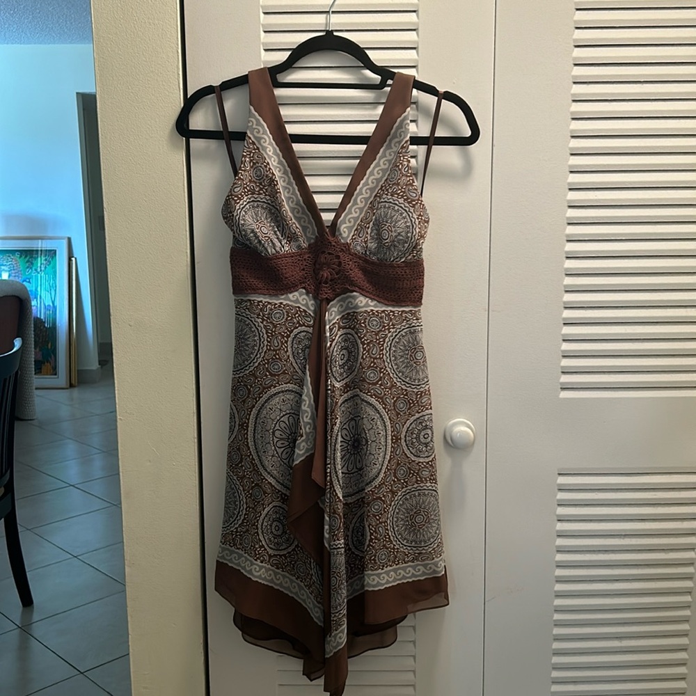 BCBG Maxazaria halter lined halter style dress with crochet handkerchief bottom